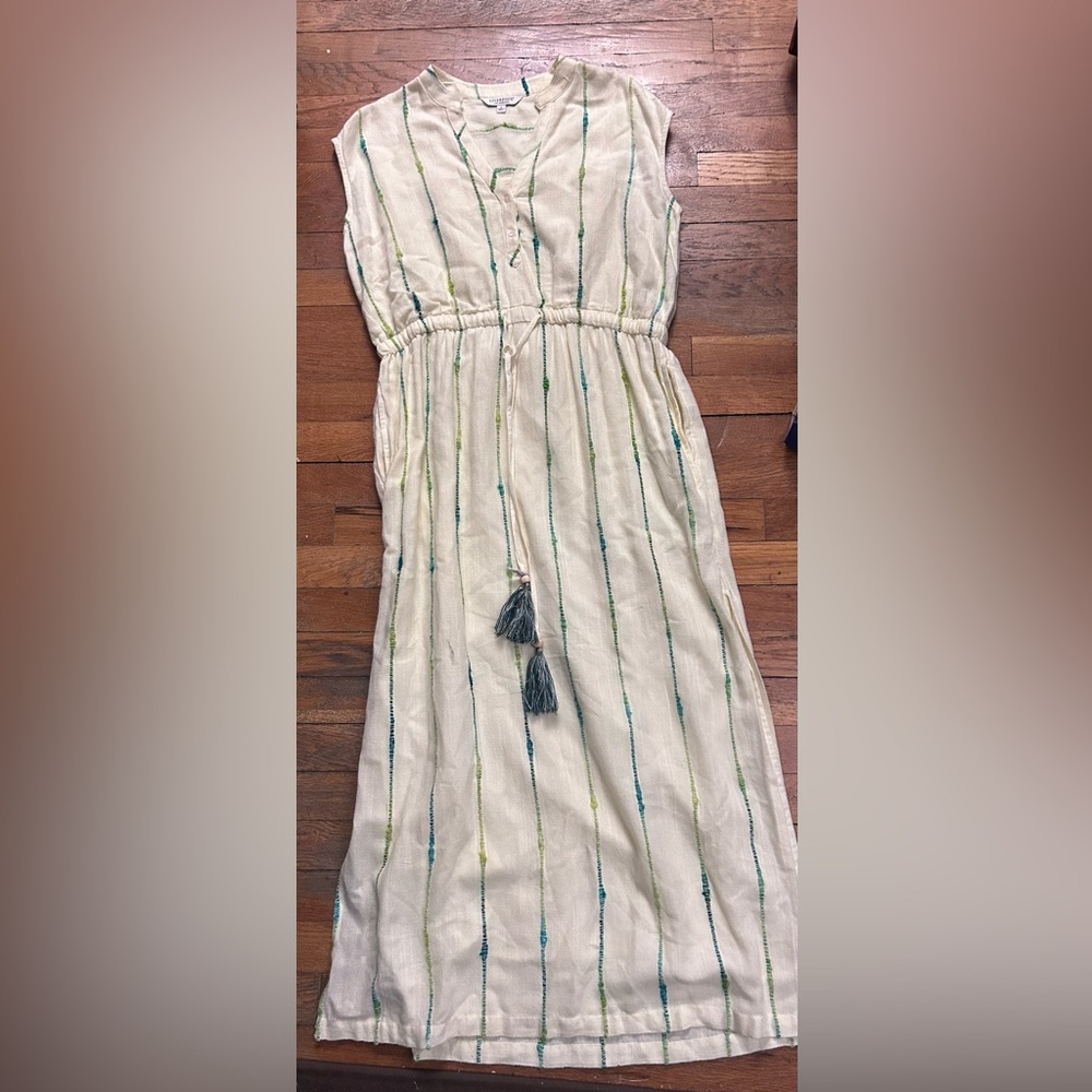 Liverpool Cream/Green Striped Drawstring Boho Dress. Tassel Tie Relaxed Fit